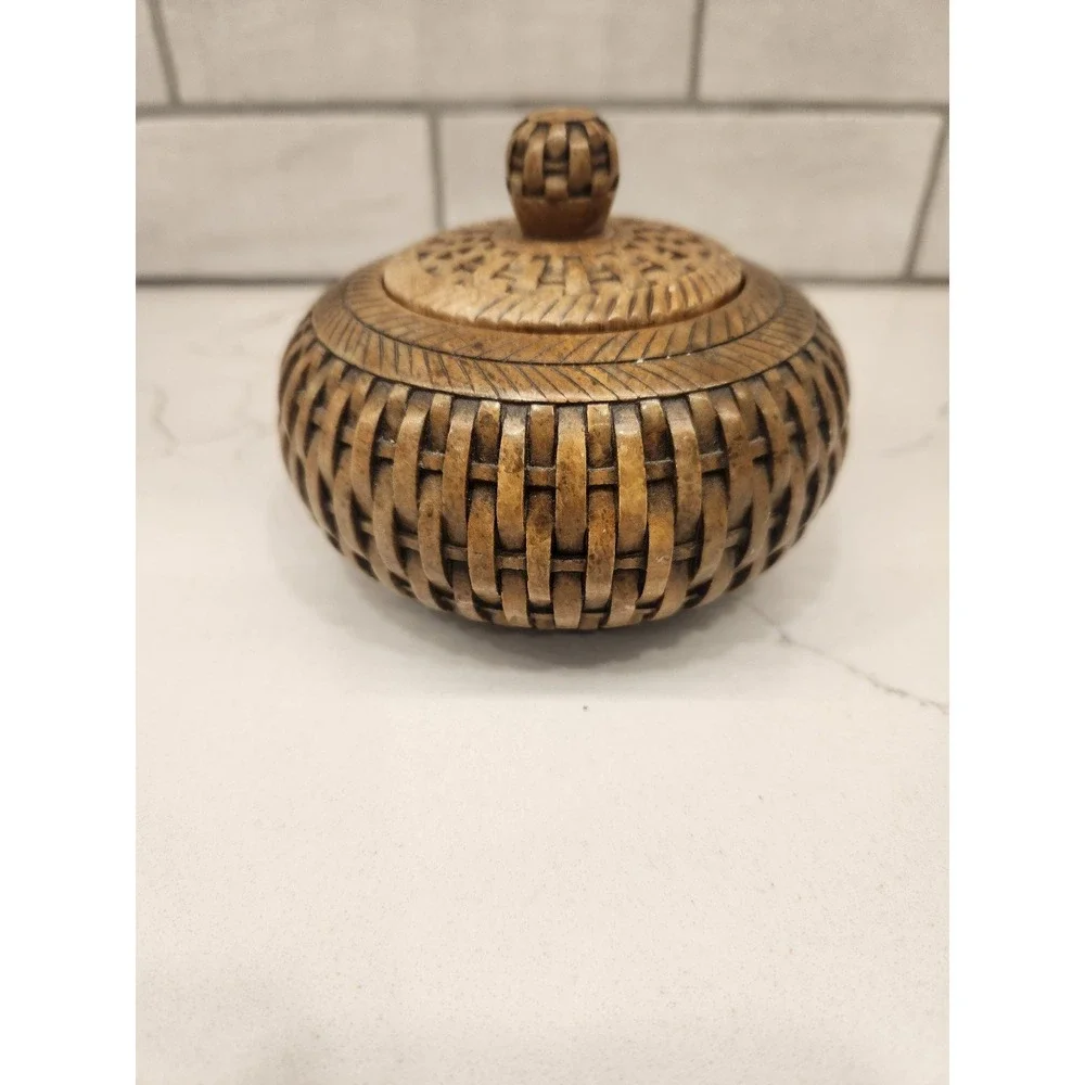 Vertical Wicker Weave Brown‎ Soapstone Jar Trinket Decor Box with Lid Heavy